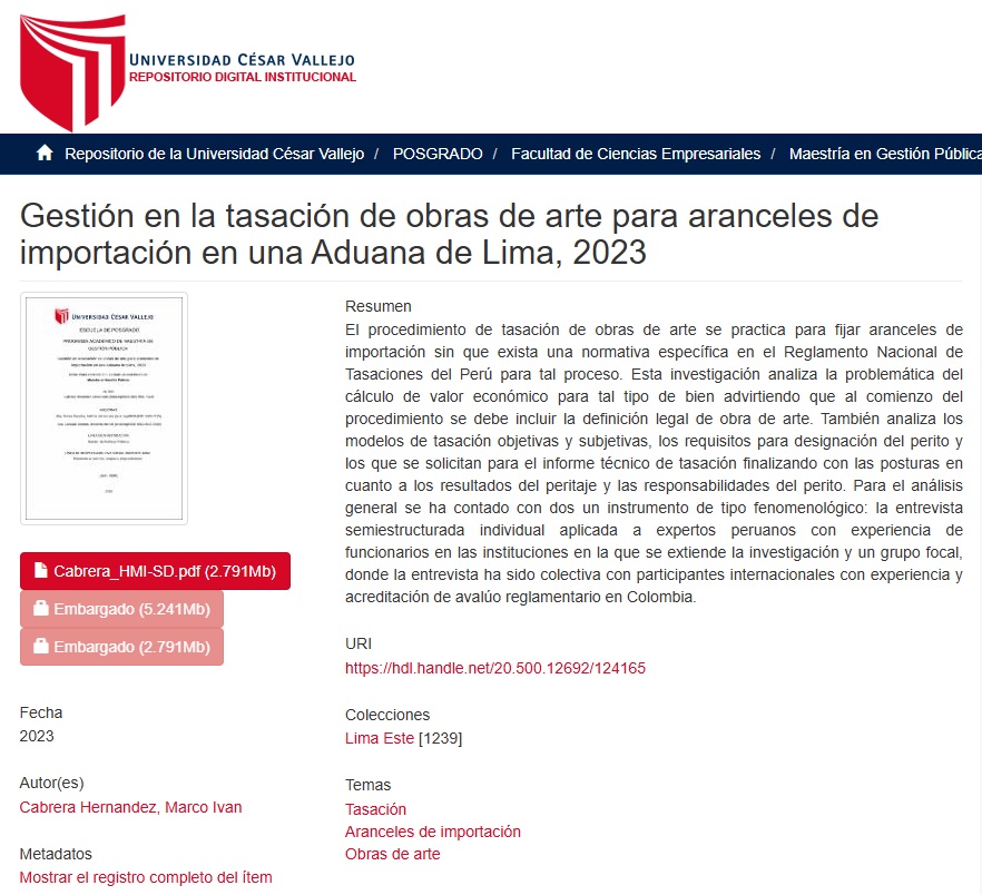 Autor de la tesis de Maestría "Gestión en la tasación de obras de arte para aranceles de importación en una Aduana de Lima, 2023"